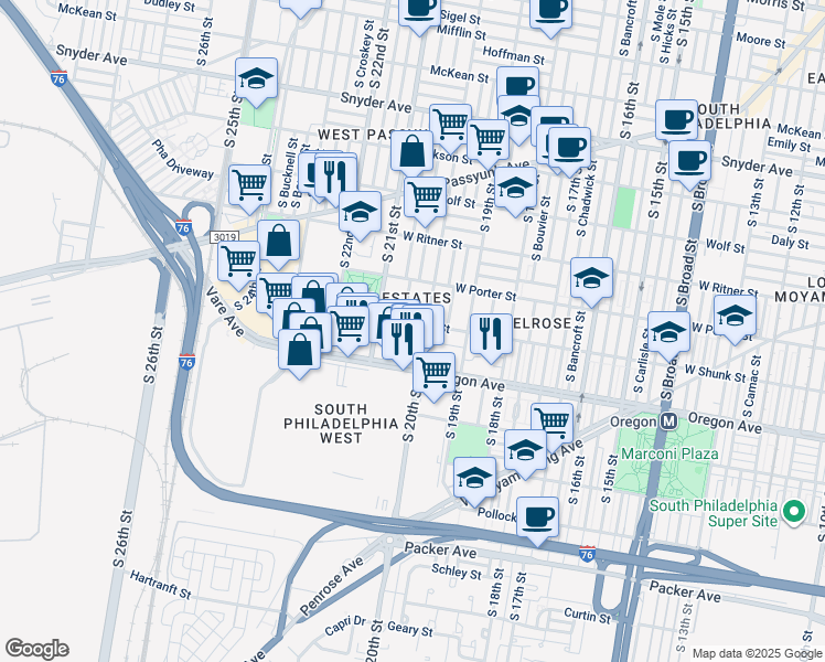 map of restaurants, bars, coffee shops, grocery stores, and more near 2010 West Shunk Street in Philadelphia