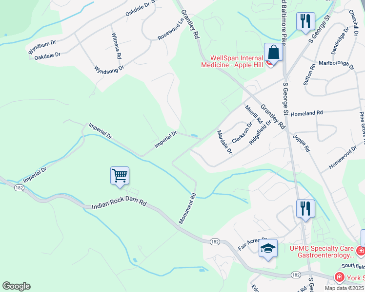 map of restaurants, bars, coffee shops, grocery stores, and more near 205 Monument Road in York