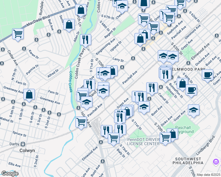 map of restaurants, bars, coffee shops, grocery stores, and more near 7044 Saybrook Avenue in Philadelphia