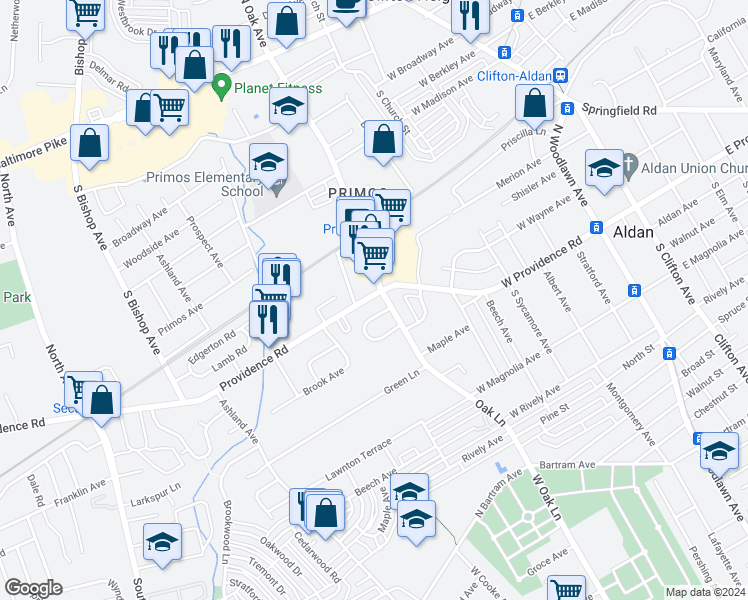 map of restaurants, bars, coffee shops, grocery stores, and more near 770 Providence Road in Clifton Heights