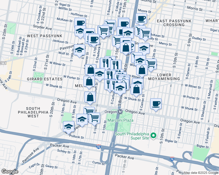 map of restaurants, bars, coffee shops, grocery stores, and more near 2514 South 15th Street in Philadelphia