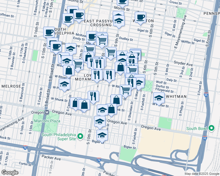 map of restaurants, bars, coffee shops, grocery stores, and more near 2411 S 9th St in Philadelphia