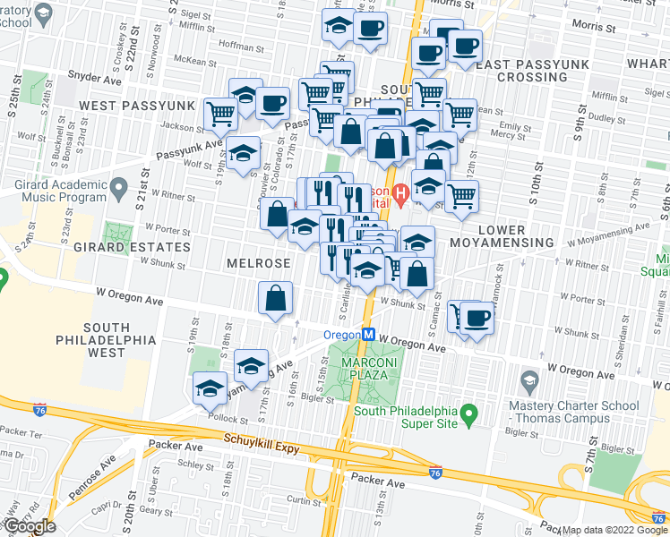 map of restaurants, bars, coffee shops, grocery stores, and more near 2514 South 15th Street in Philadelphia