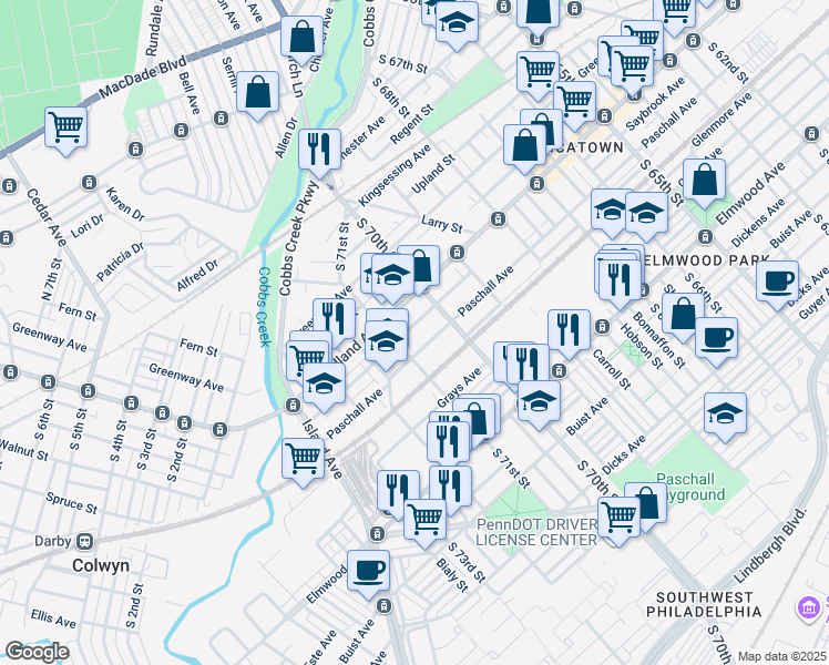 map of restaurants, bars, coffee shops, grocery stores, and more near 7044 Saybrook Avenue in Philadelphia