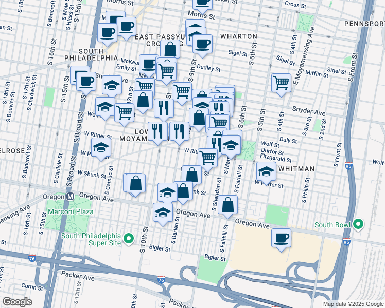map of restaurants, bars, coffee shops, grocery stores, and more near 812 West Ritner Street in Philadelphia