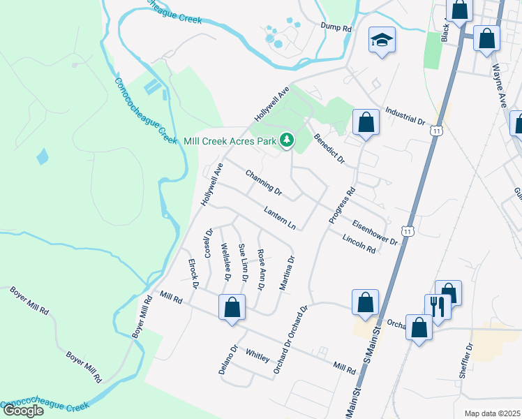 map of restaurants, bars, coffee shops, grocery stores, and more near 392 Lantern Lane in Chambersburg
