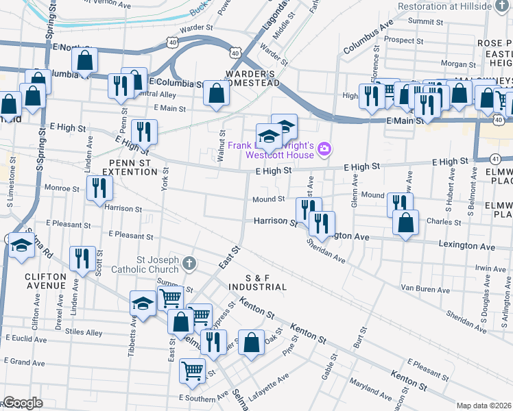 map of restaurants, bars, coffee shops, grocery stores, and more near 1086 Mound Street in Springfield