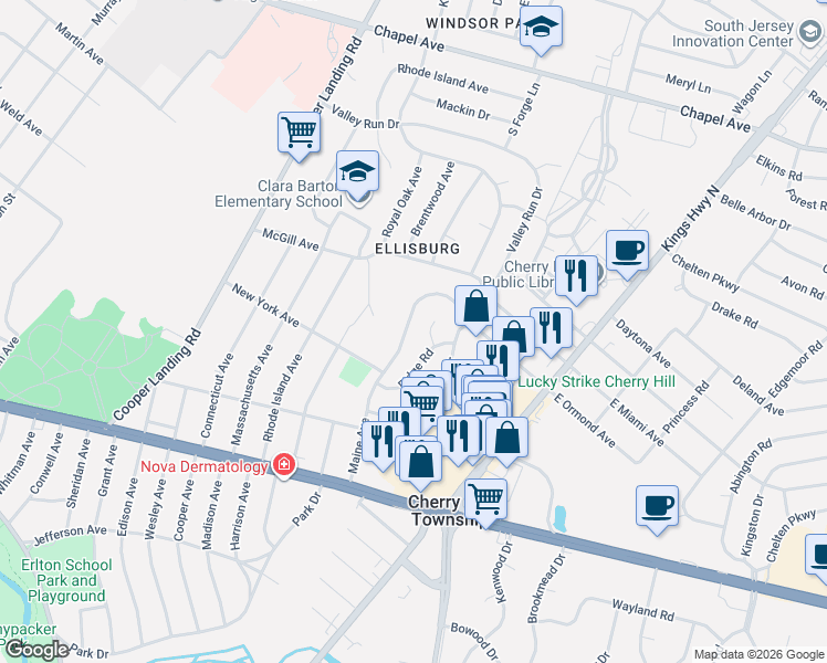 map of restaurants, bars, coffee shops, grocery stores, and more near 222 Maine Avenue in Cherry Hill