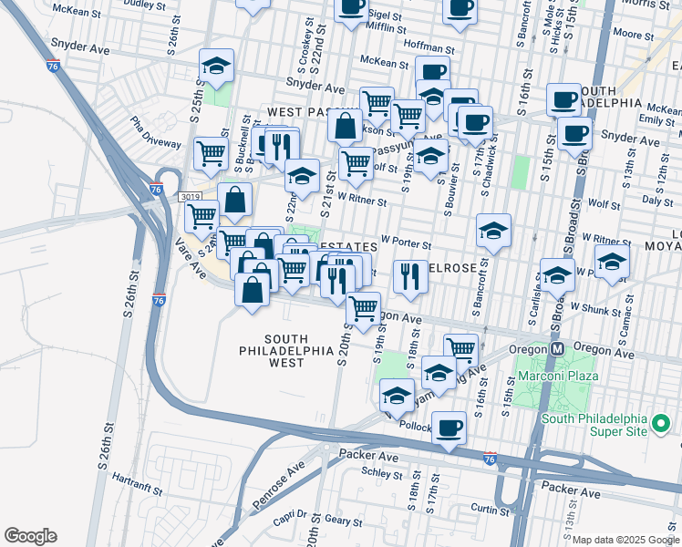map of restaurants, bars, coffee shops, grocery stores, and more near 2016 West Shunk Street in Philadelphia