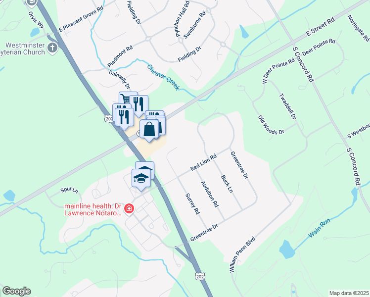 map of restaurants, bars, coffee shops, grocery stores, and more near 1239 Surrey Road in West Chester
