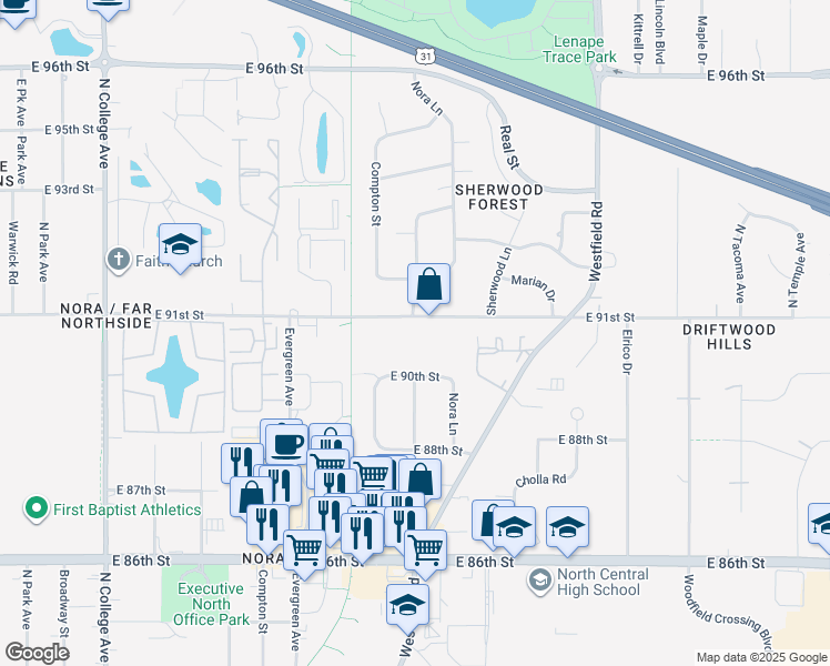 map of restaurants, bars, coffee shops, grocery stores, and more near 1231 East 91st Street in Indianapolis