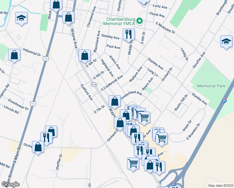 map of restaurants, bars, coffee shops, grocery stores, and more near 659 Cumberland Avenue in Chambersburg