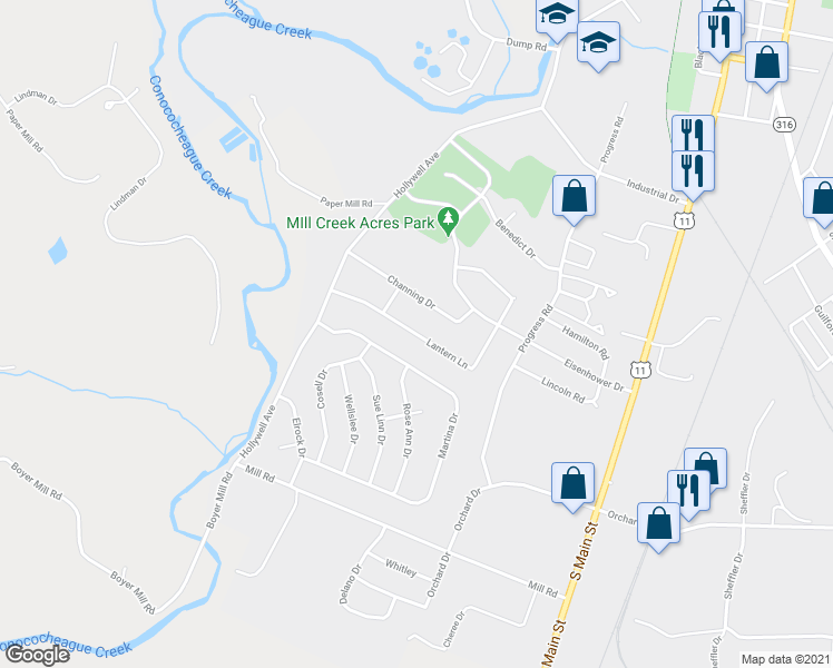 map of restaurants, bars, coffee shops, grocery stores, and more near 406 Lantern Lane in Chambersburg