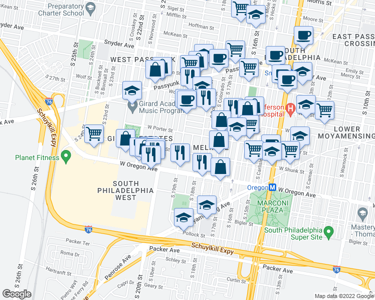 map of restaurants, bars, coffee shops, grocery stores, and more near 2532 South Cleveland Street in Philadelphia
