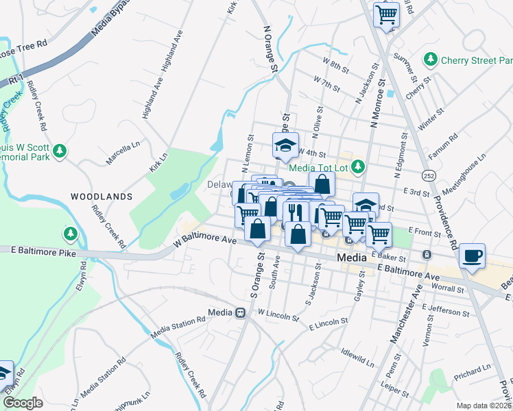 map of restaurants, bars, coffee shops, grocery stores, and more near 313 West Front Street in Media