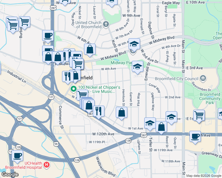 map of restaurants, bars, coffee shops, grocery stores, and more near 280 Jade Street in Broomfield