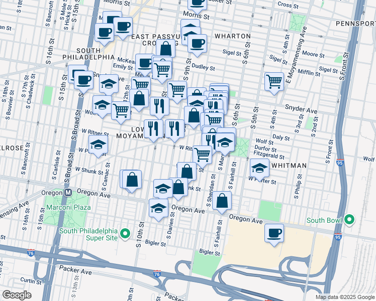 map of restaurants, bars, coffee shops, grocery stores, and more near 812 West Ritner Street in Philadelphia