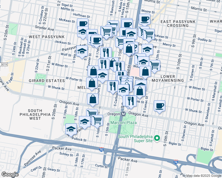 map of restaurants, bars, coffee shops, grocery stores, and more near 2515 South Hicks Street in Philadelphia