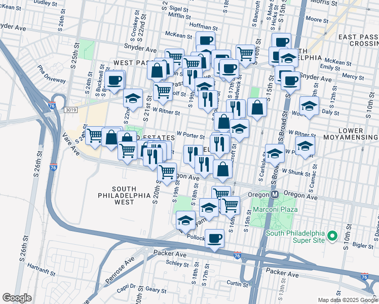 map of restaurants, bars, coffee shops, grocery stores, and more near 2532 South Cleveland Street in Philadelphia