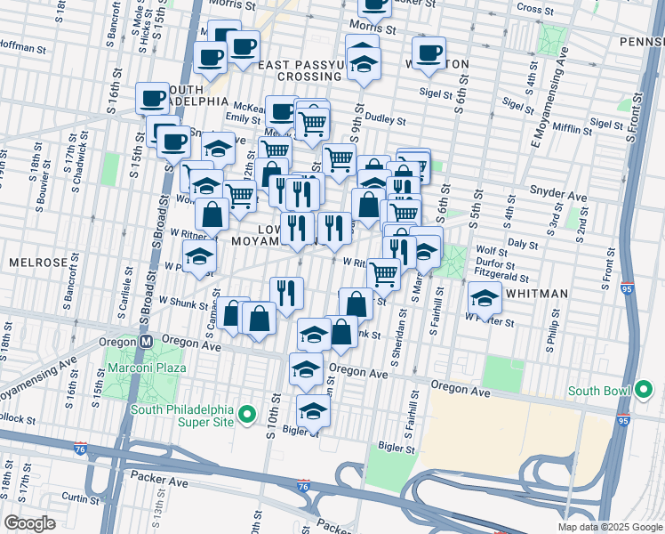 map of restaurants, bars, coffee shops, grocery stores, and more near 2411 S 9th St in Philadelphia
