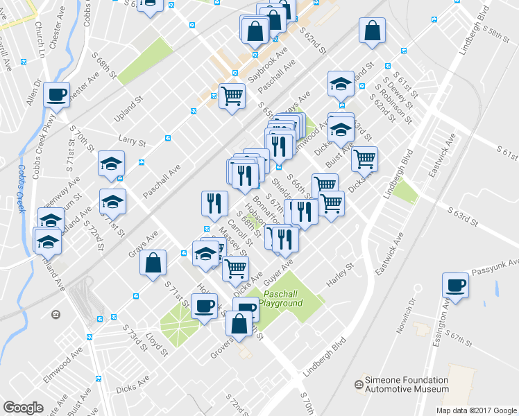 map of restaurants, bars, coffee shops, grocery stores, and more near 2534 Bonaffon St in Philadelphia