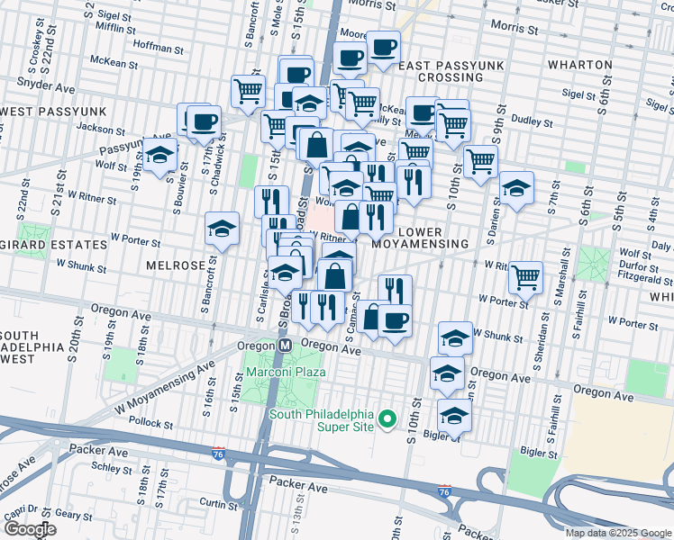 map of restaurants, bars, coffee shops, grocery stores, and more near 1303 West Porter Street in Philadelphia