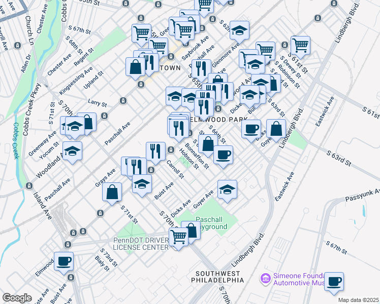 map of restaurants, bars, coffee shops, grocery stores, and more near 2534 Bonaffon St in Philadelphia