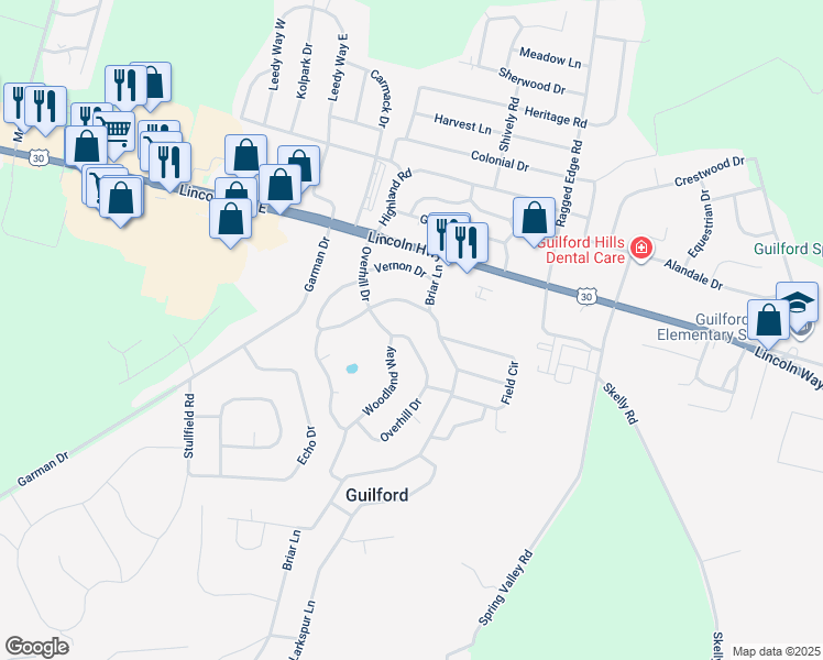 map of restaurants, bars, coffee shops, grocery stores, and more near 270 Overhill Drive in Chambersburg