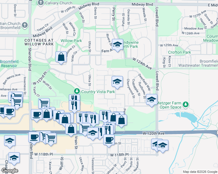 map of restaurants, bars, coffee shops, grocery stores, and more near 12205 Perry Street in Broomfield