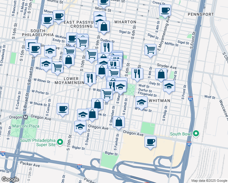 map of restaurants, bars, coffee shops, grocery stores, and more near 643 West Ritner Street in Philadelphia