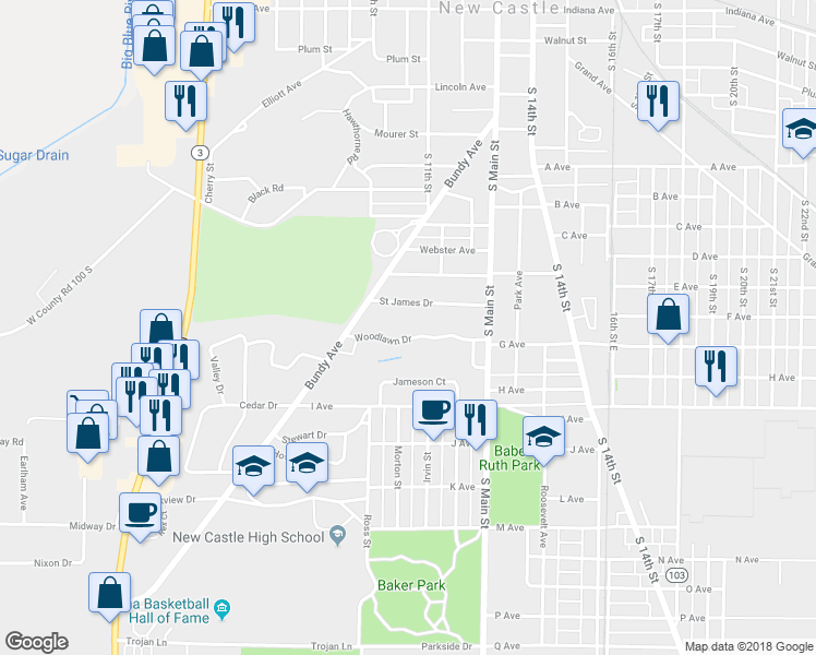 map of restaurants, bars, coffee shops, grocery stores, and more near 1136 Woodlawn Drive in New Castle