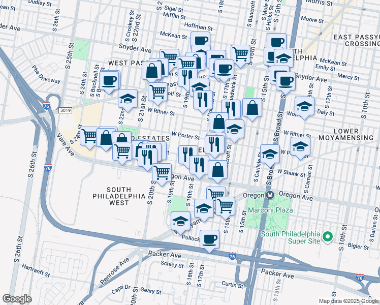 map of restaurants, bars, coffee shops, grocery stores, and more near 2531 South Cleveland Street in Philadelphia