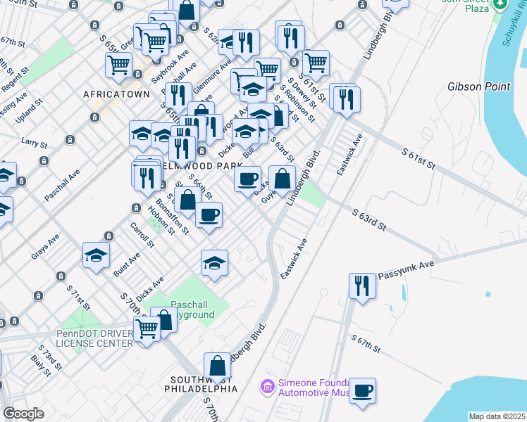 map of restaurants, bars, coffee shops, grocery stores, and more near 6441 Dorel Street in Philadelphia