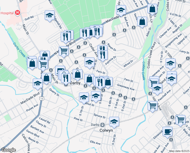 map of restaurants, bars, coffee shops, grocery stores, and more near 617 Greenway Avenue in Darby