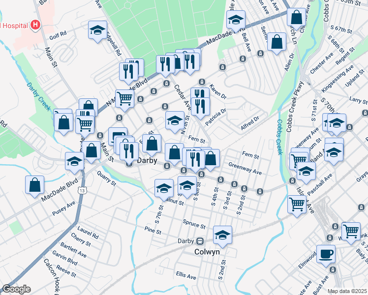 map of restaurants, bars, coffee shops, grocery stores, and more near 621 Greenway Avenue in Darby
