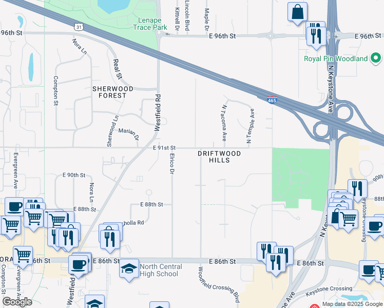 map of restaurants, bars, coffee shops, grocery stores, and more near 2119 East 91st Street in Indianapolis