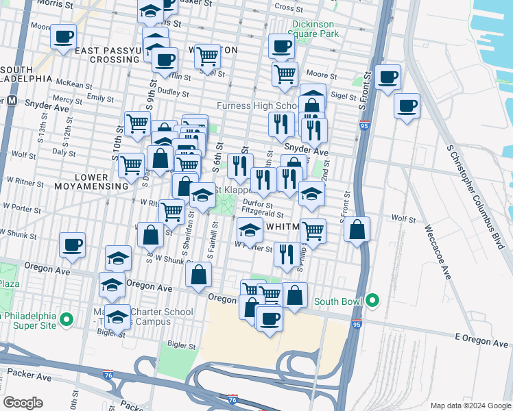 map of restaurants, bars, coffee shops, grocery stores, and more near 408 Durfor Street in Philadelphia