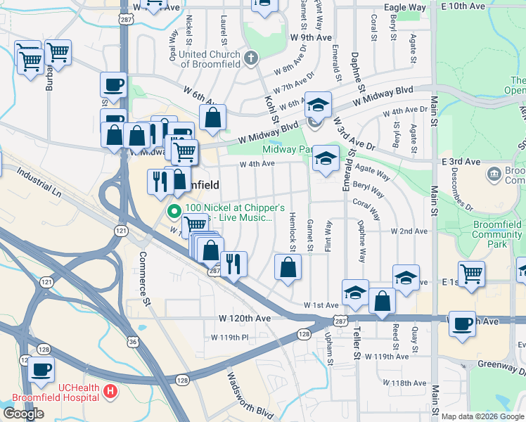 map of restaurants, bars, coffee shops, grocery stores, and more near 280 Jade Street in Broomfield