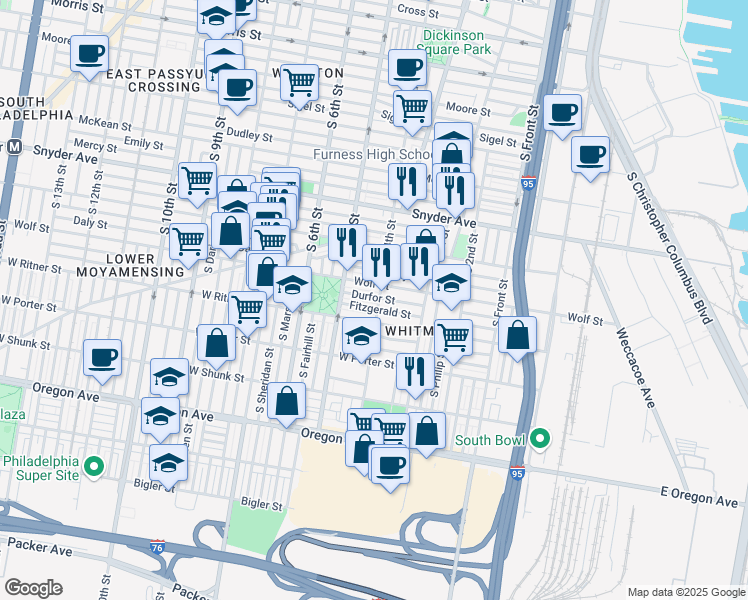 map of restaurants, bars, coffee shops, grocery stores, and more near 413 Durfor Street in Philadelphia