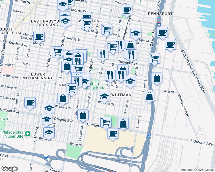 map of restaurants, bars, coffee shops, grocery stores, and more near in Philadelphia
