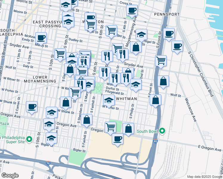 map of restaurants, bars, coffee shops, grocery stores, and more near 408 Durfor Street in Philadelphia