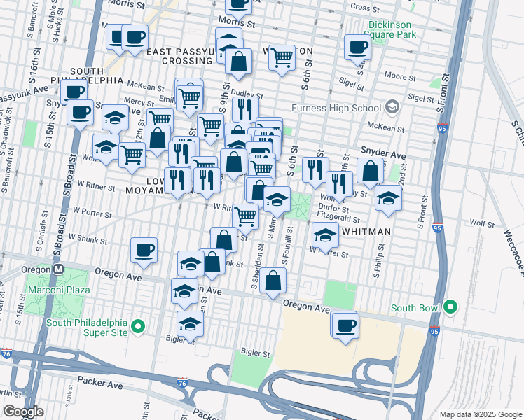 map of restaurants, bars, coffee shops, grocery stores, and more near 643 West Ritner Street in Philadelphia
