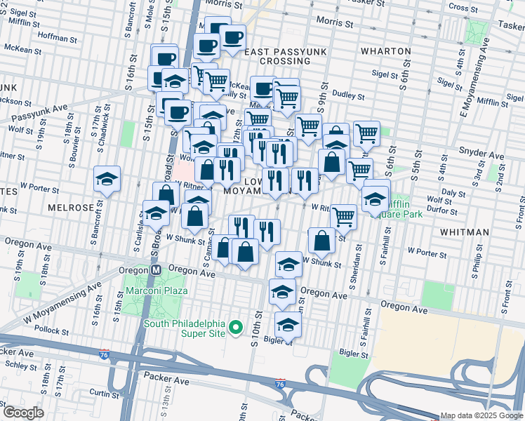 map of restaurants, bars, coffee shops, grocery stores, and more near 2407 South Warnock Street in Philadelphia