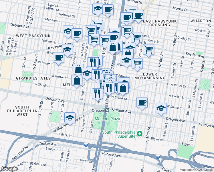 map of restaurants, bars, coffee shops, grocery stores, and more near 2444 South Broad Street in Philadelphia
