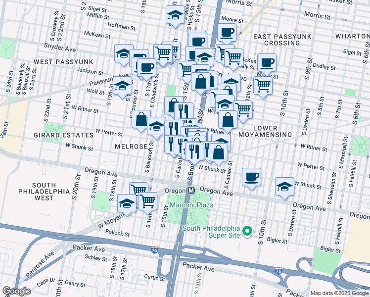 map of restaurants, bars, coffee shops, grocery stores, and more near 2407 South Broad Street in Philadelphia