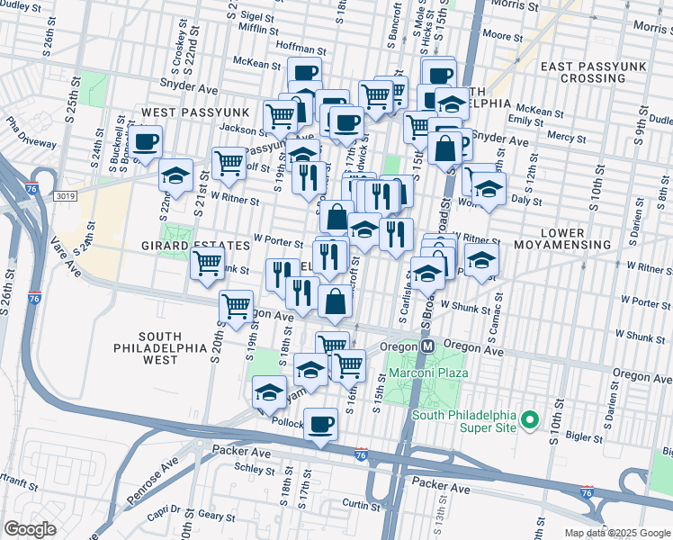 map of restaurants, bars, coffee shops, grocery stores, and more near 2529 South 17th Street in Philadelphia