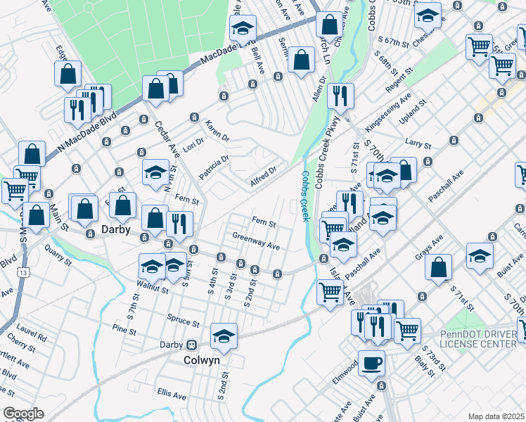 map of restaurants, bars, coffee shops, grocery stores, and more near 301 North 3rd Street in Darby
