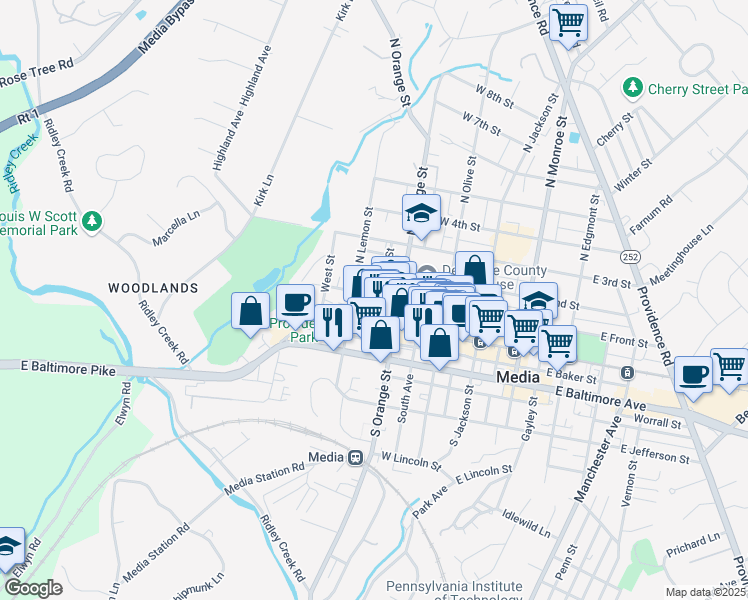 map of restaurants, bars, coffee shops, grocery stores, and more near 344 West Front Street in Media
