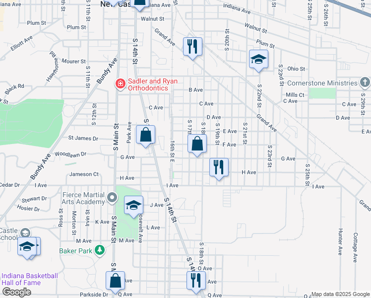 map of restaurants, bars, coffee shops, grocery stores, and more near 1625 F Avenue in New Castle