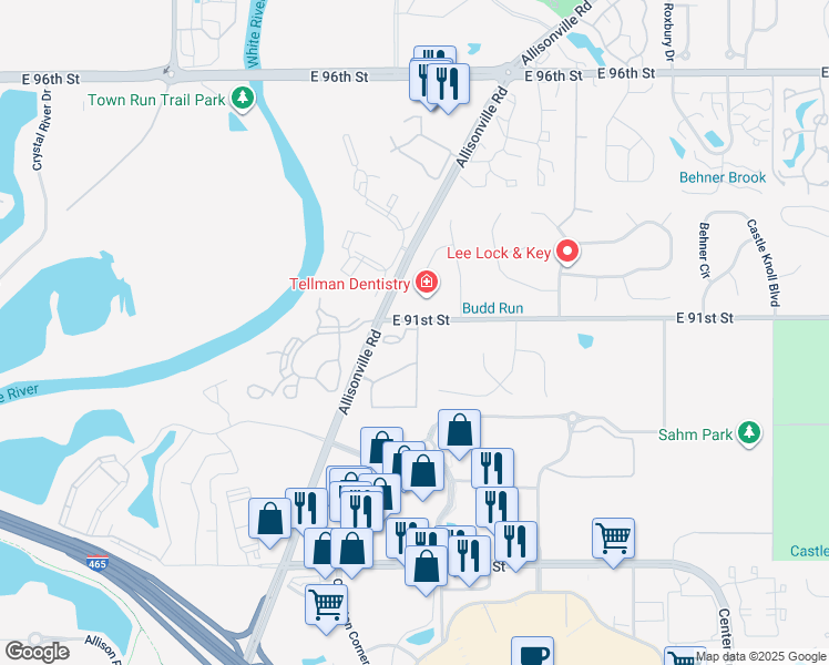 map of restaurants, bars, coffee shops, grocery stores, and more near 9111 Allisonville Road in Indianapolis